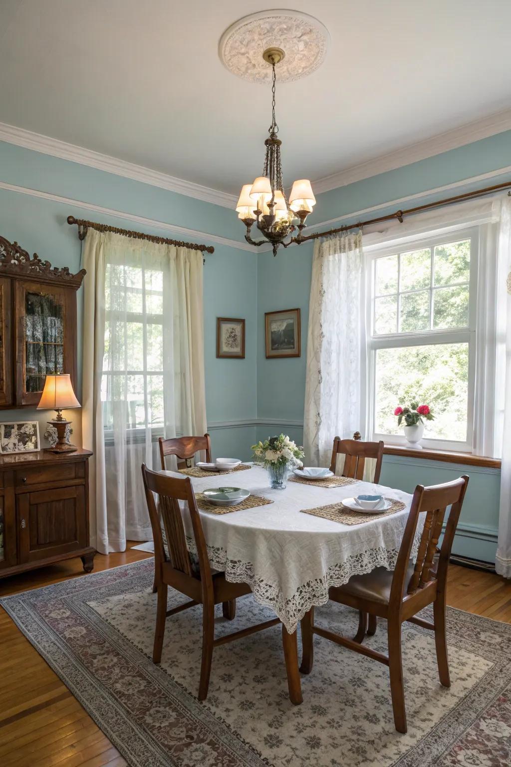 A soft blue palette enhances the tranquility of a dining room.