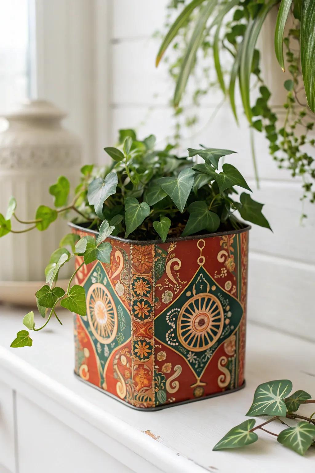 Transform old into gold with this charming upcycled tea tin planter, a perfect blend of minimalist elegance and boho flair.