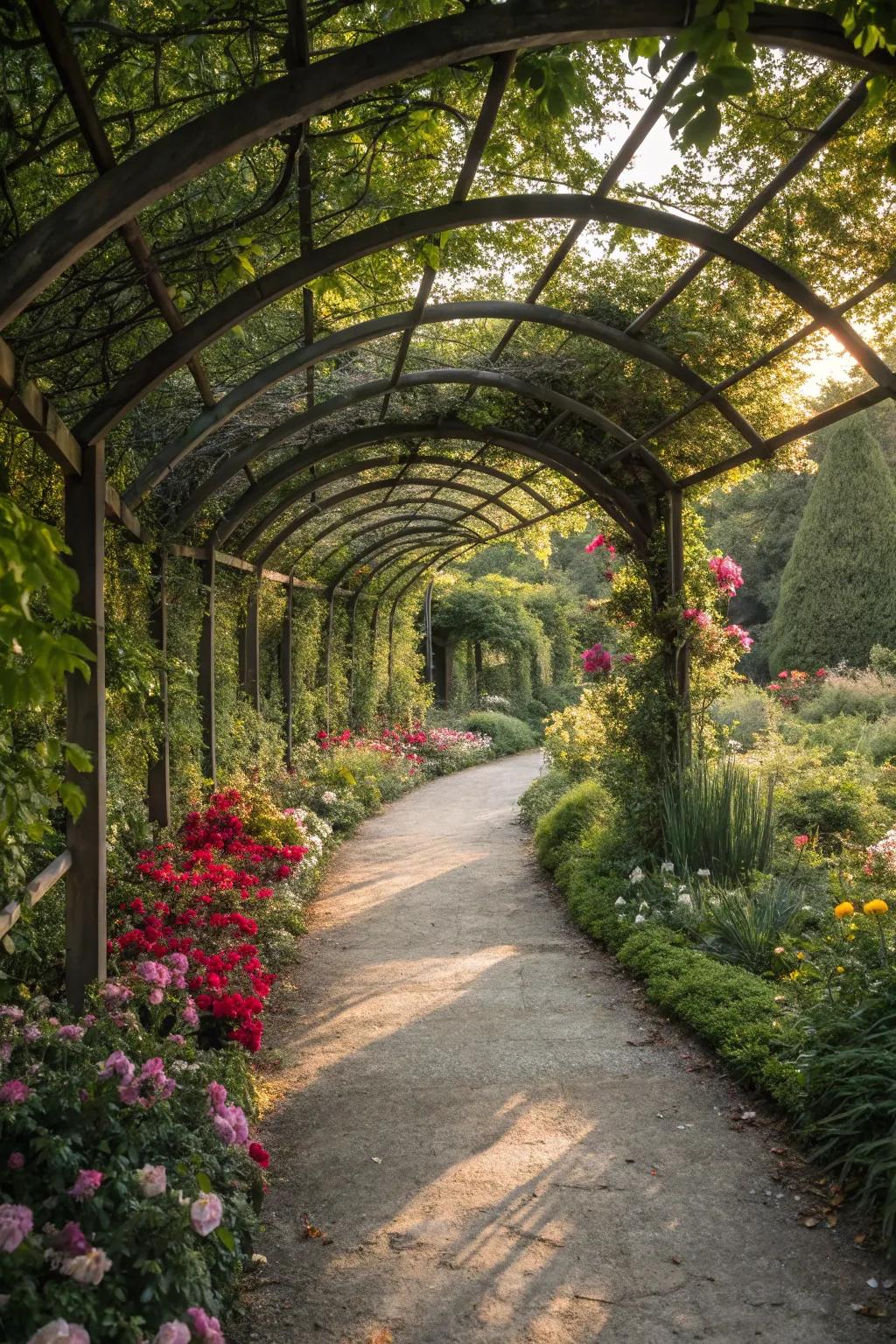 A pathway enhanced by a trellis arbor invites exploration.