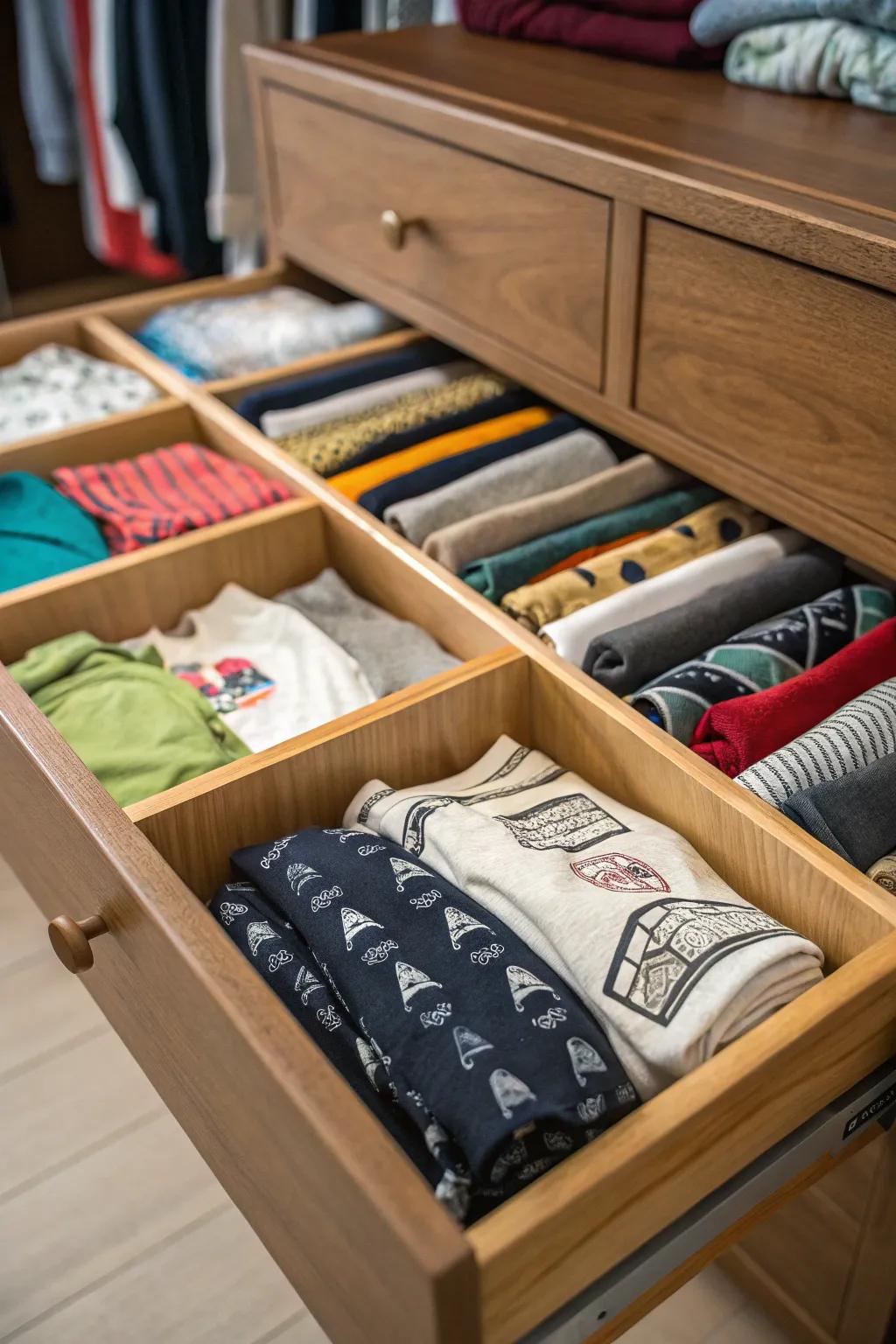 Drawer dividers keeping t-shirts organized by type.