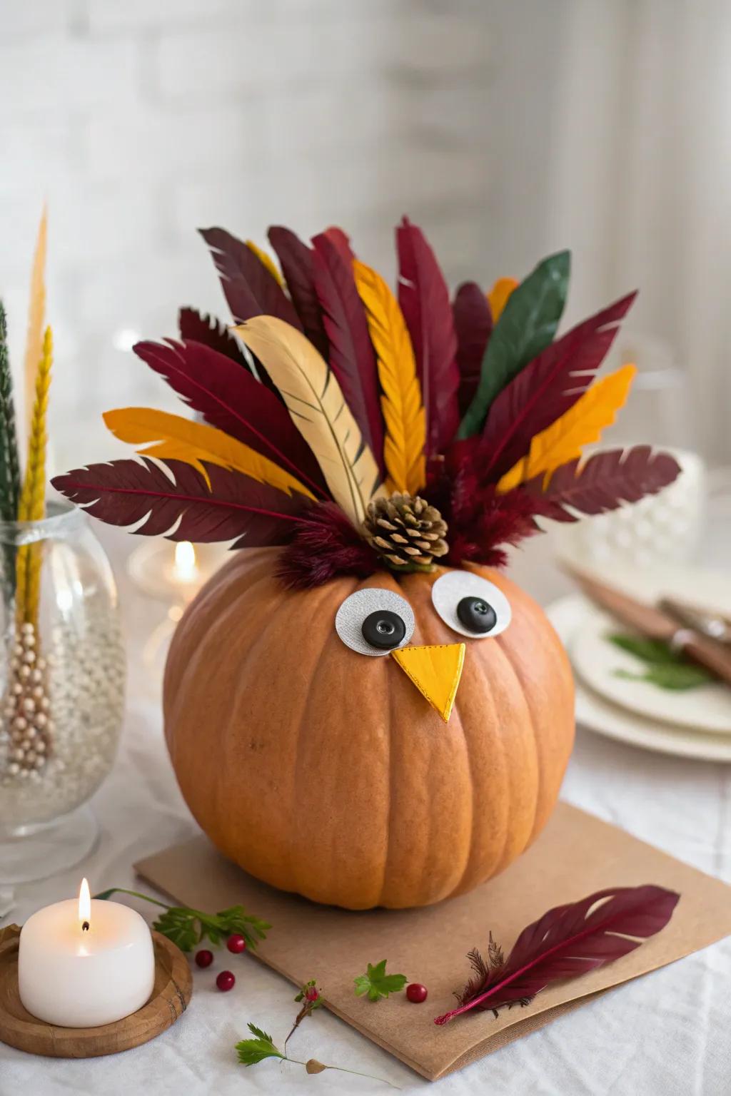 Transform your pumpkins into charming turkey centerpieces for a festive, handcrafted touch!