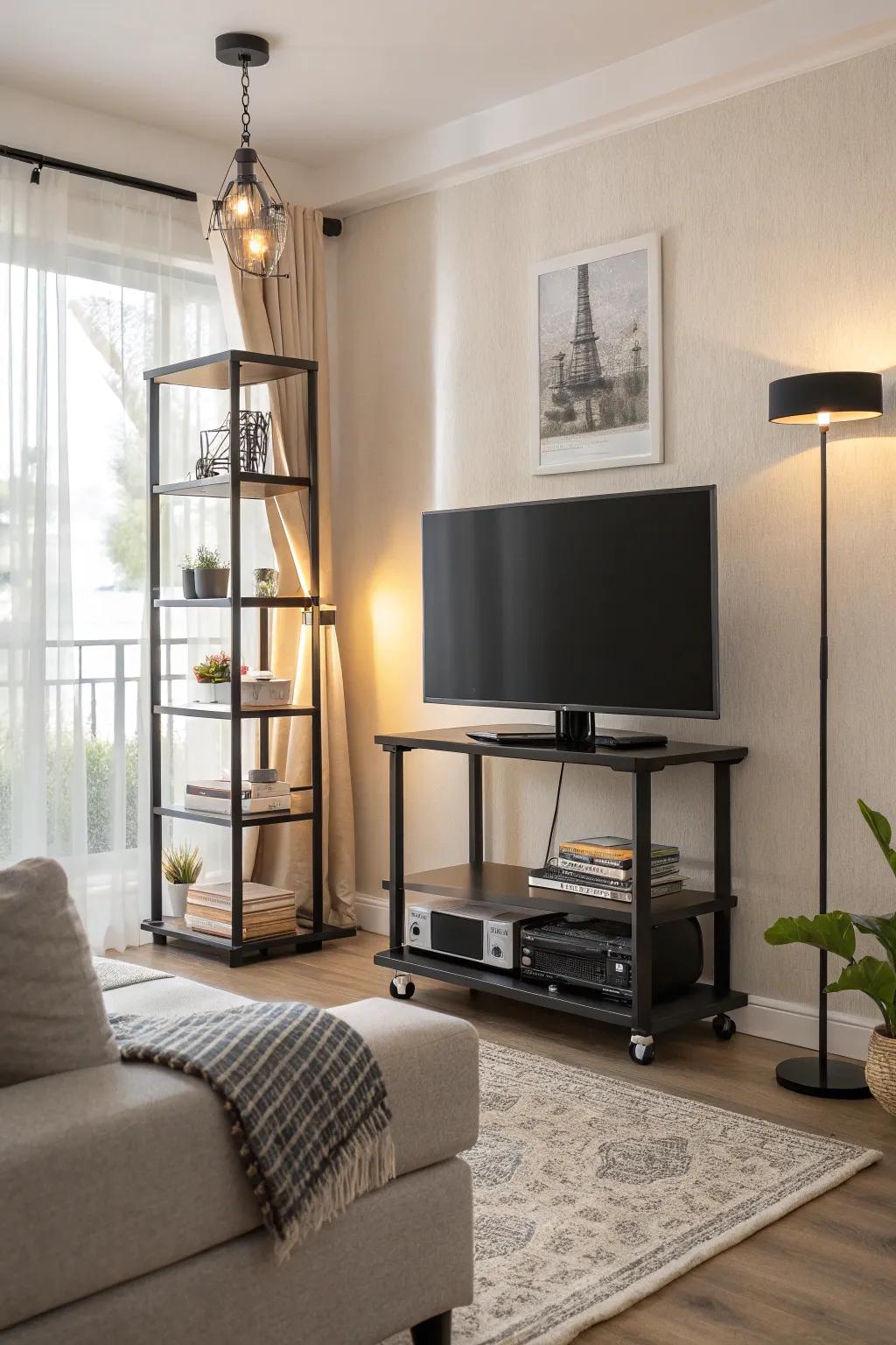 A movable TV stand provides versatility in your living space.