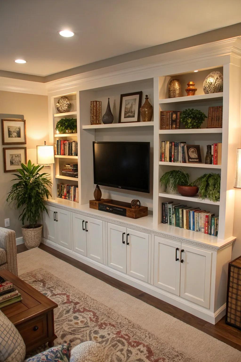 Built-in shelves offer a seamless media and storage solution.