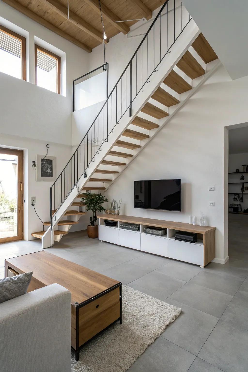 A minimalist living space with a floating staircase and TV unit.