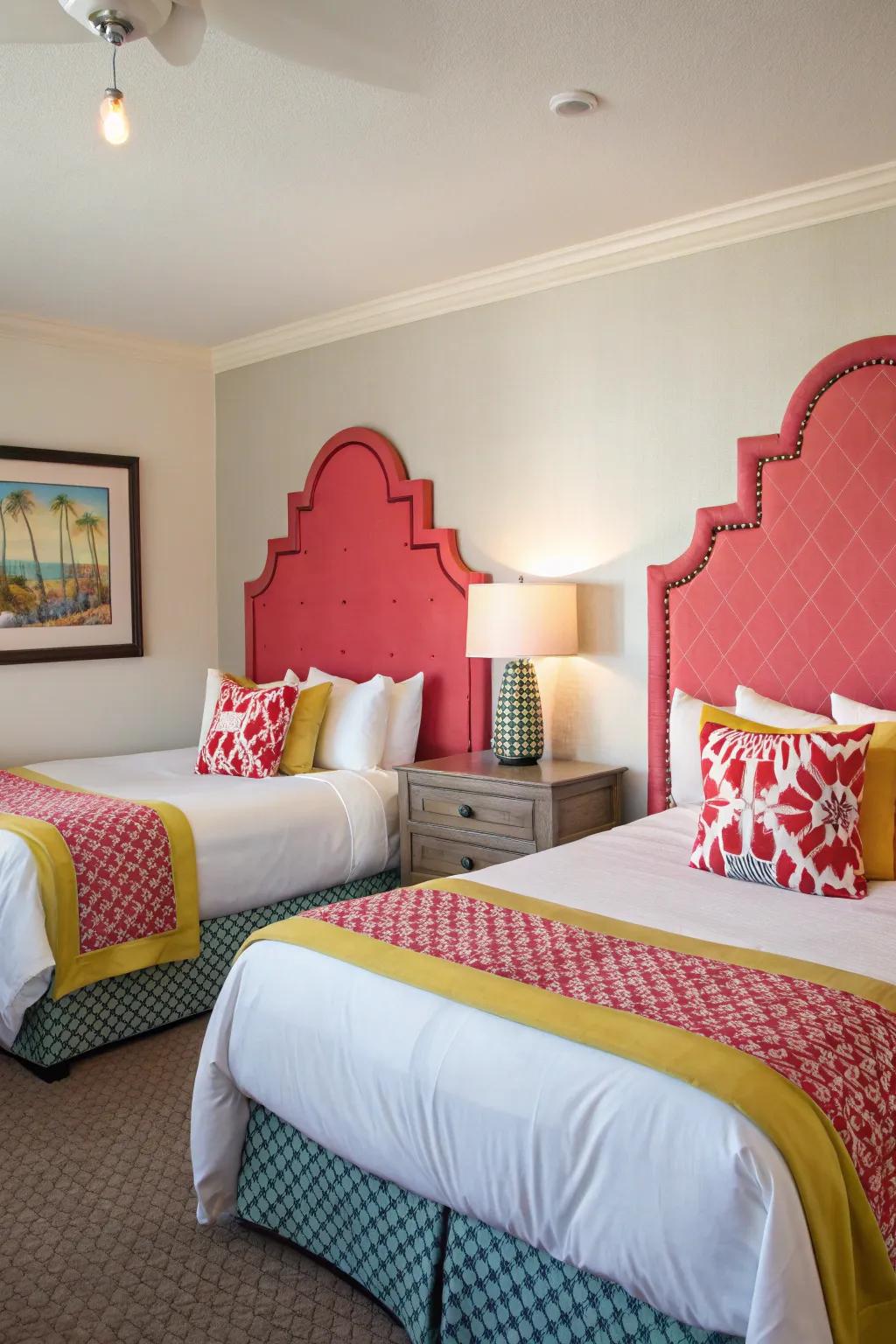 A statement headboard elevates the twin bedroom.