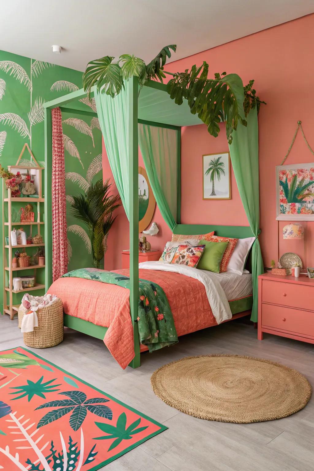 A lively and colorful two-tone bedroom in coral and green.