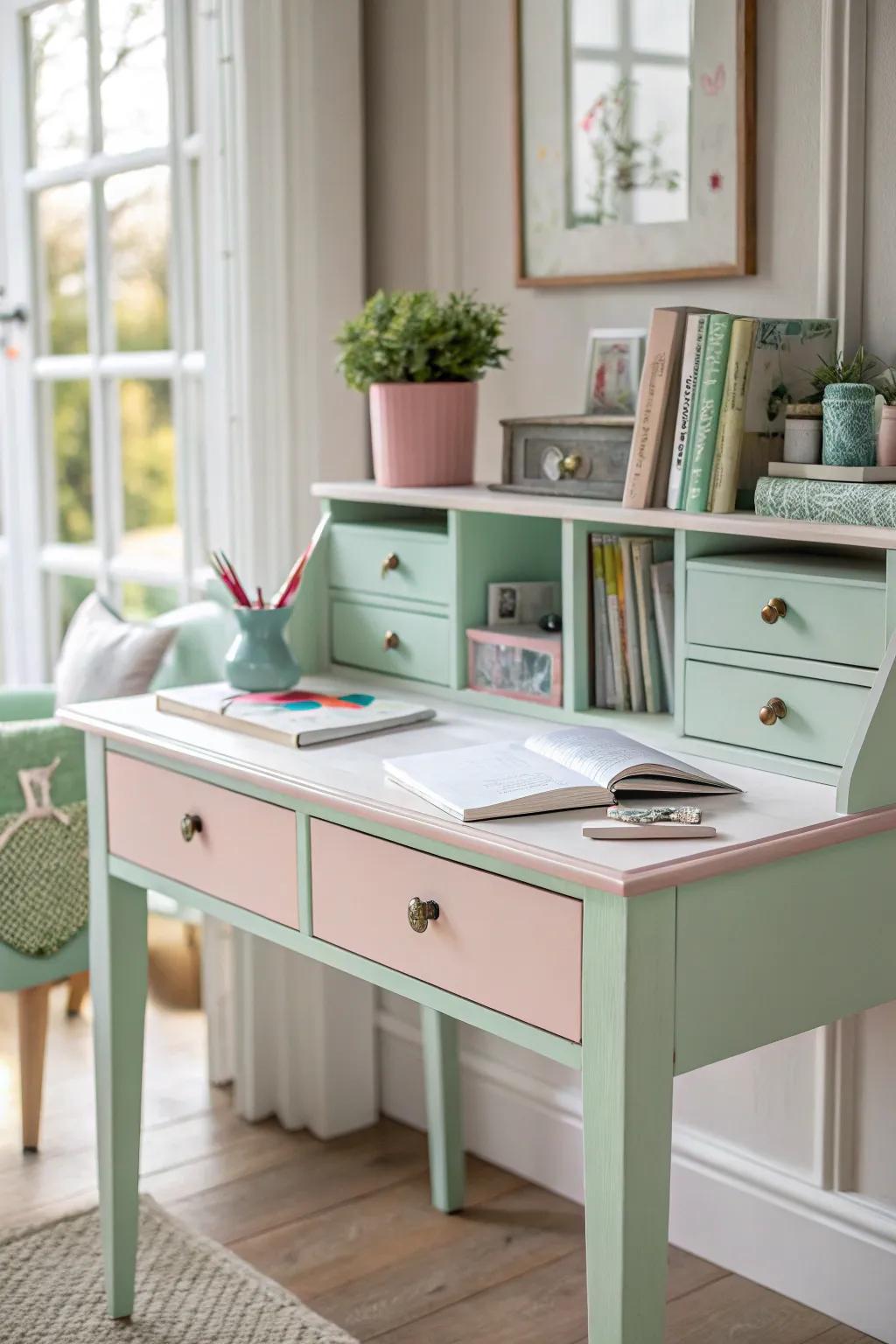 Pastel tones bring a gentle and charming vibe to this desk design.