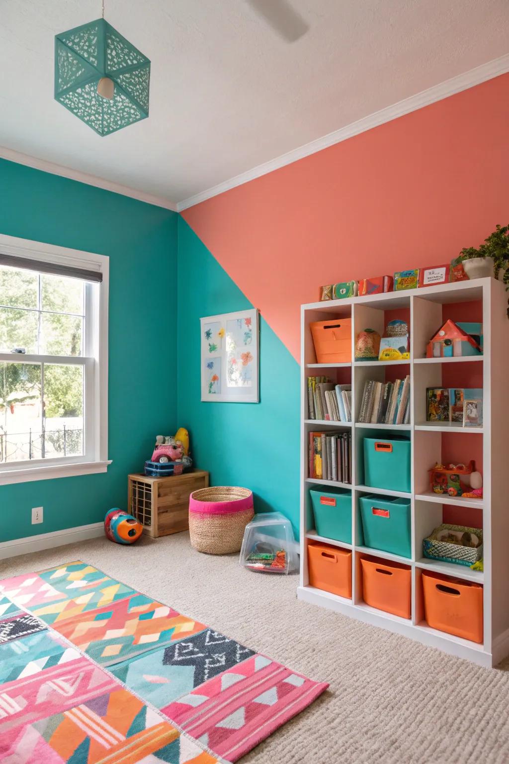 A playful room with bold two-tone walls in vibrant colors.