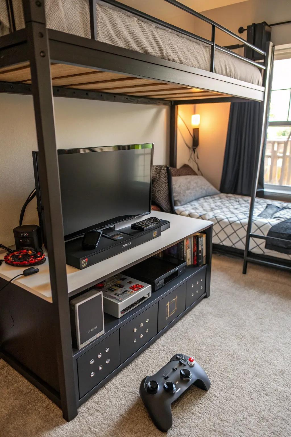 A thrilling gaming zone beneath a loft bed.