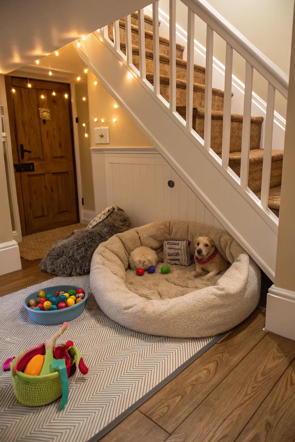 A perfect little hideaway for your beloved pet under the stairs.