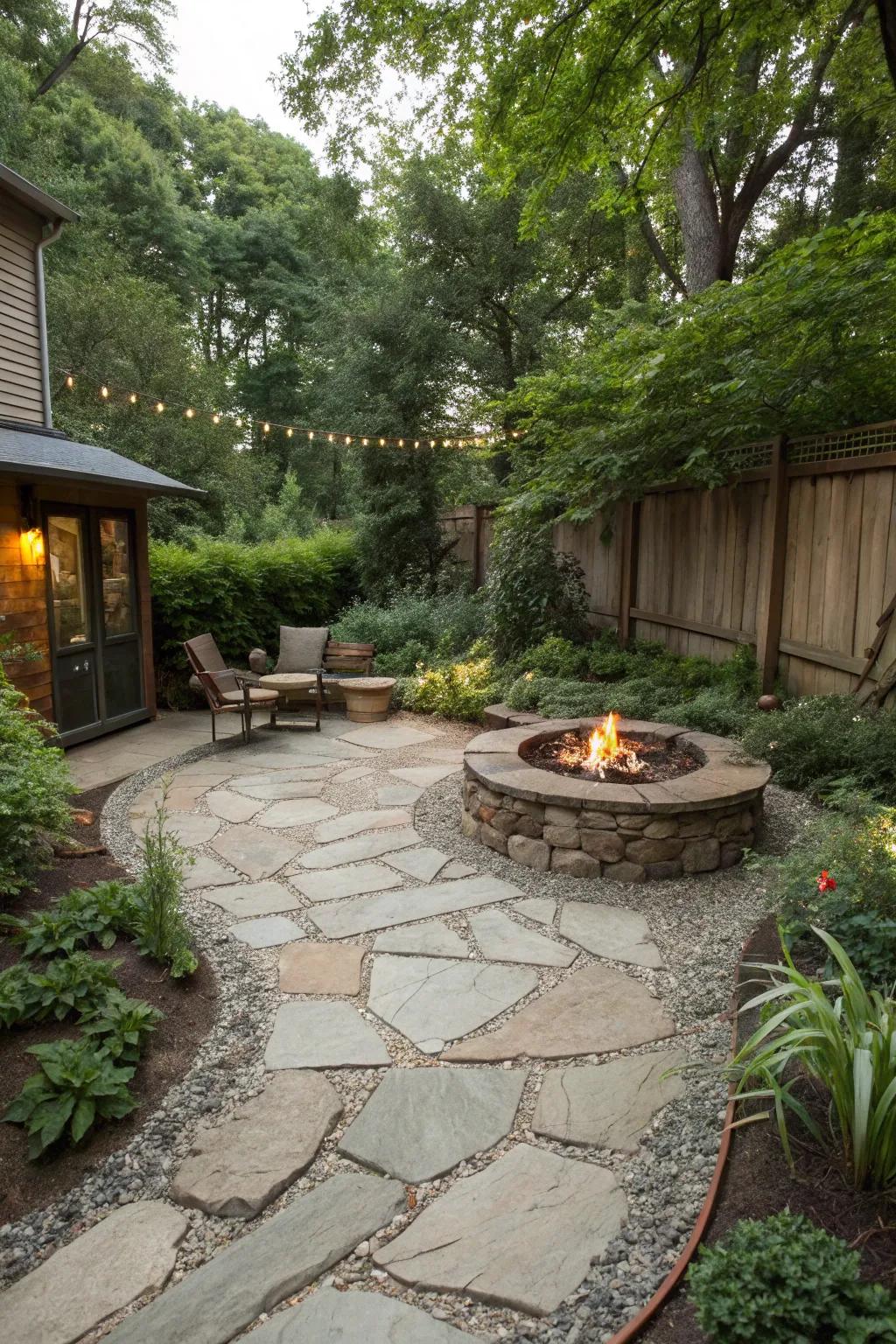 Flagstone and gravel create a rustic and adaptable patio surface perfect for uneven terrain.