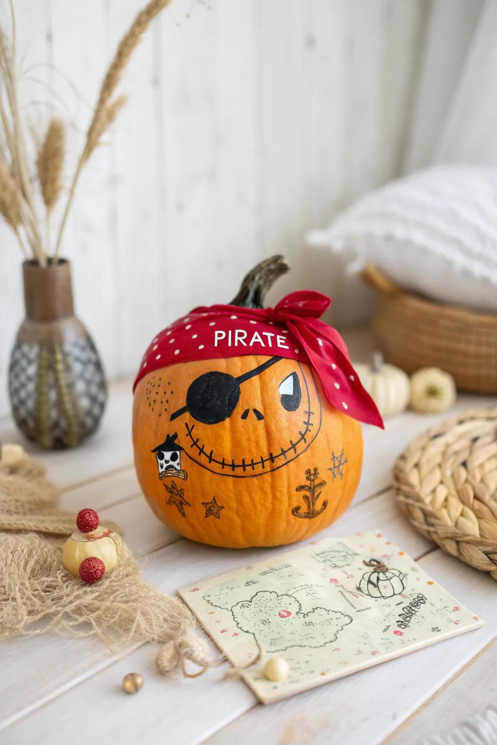 Unleash your inner adventurer with this charming pirate pumpkin! Perfect for adding a touch of whimsy to your fall decor.