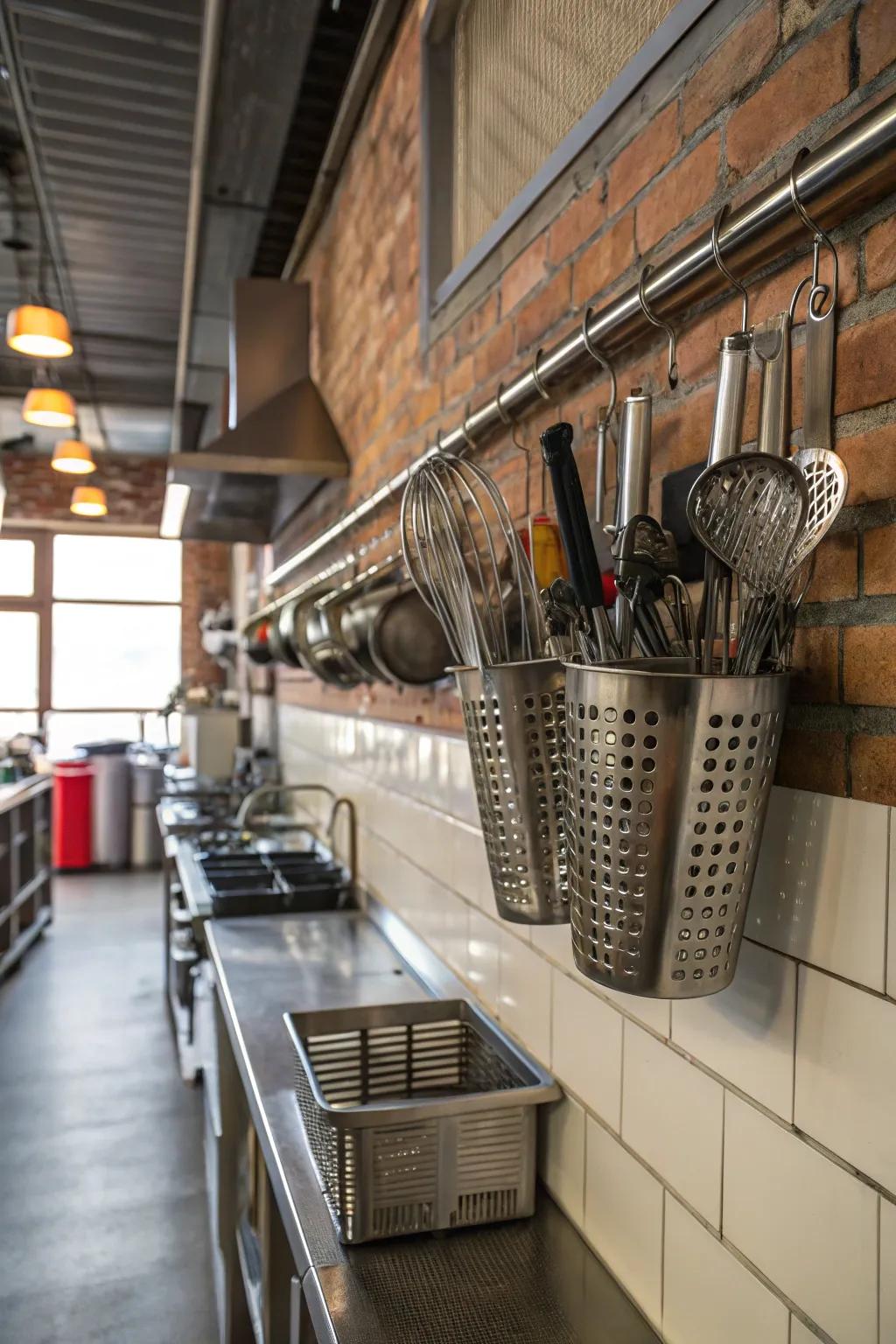 Hanging metal baskets save space and add style.