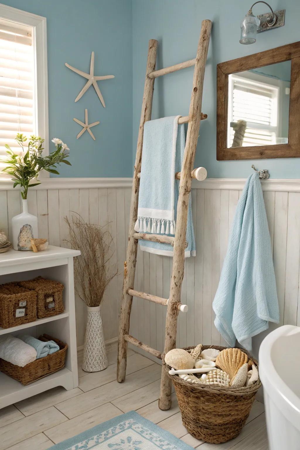 Create a beachy vibe with a driftwood towel rack.