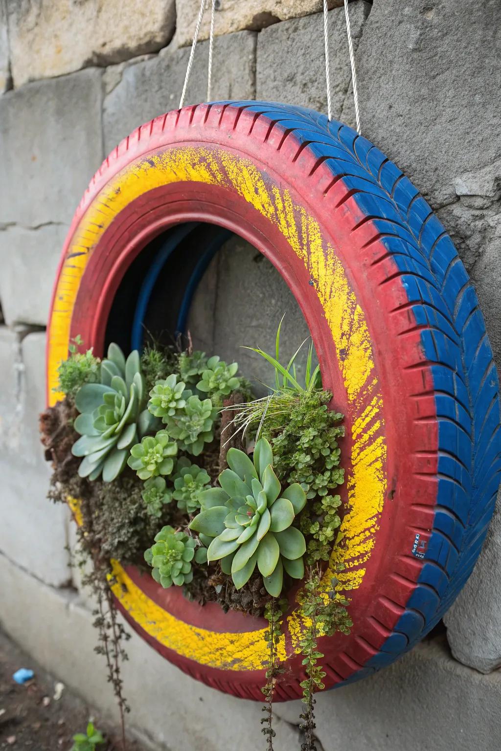 Transform your space with a stunning tire wall hanging, where bold colors meet lush greenery in perfect harmony.