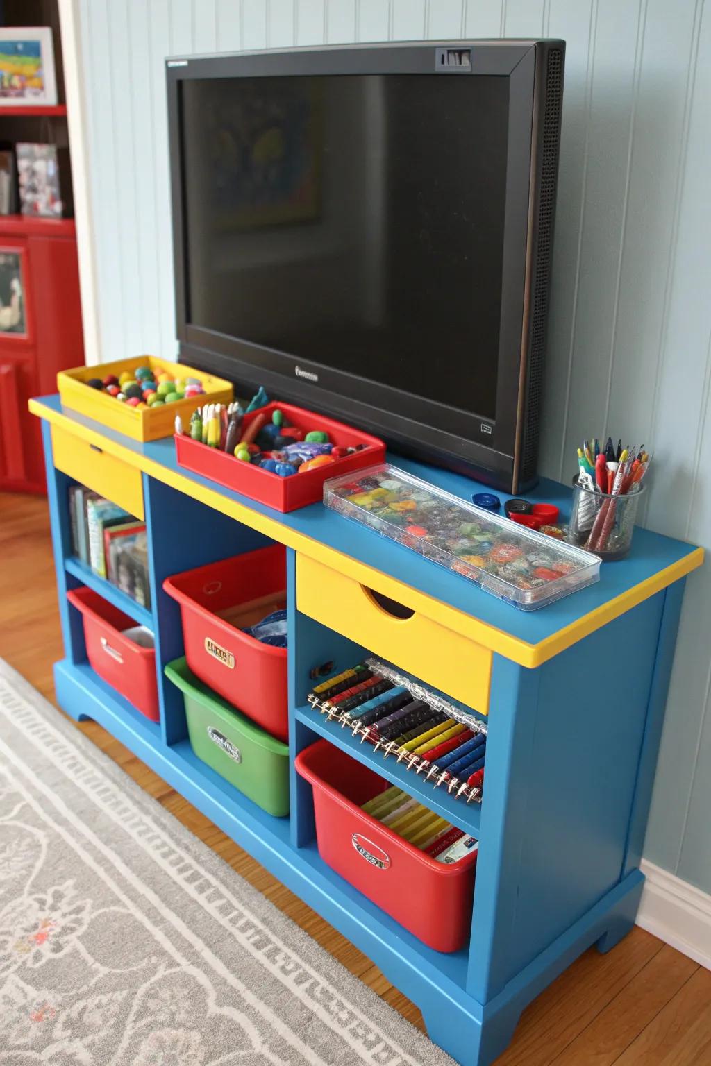 Transform your old TV stand into a colorful kids' art station that sparks creativity and keeps supplies neatly organized!