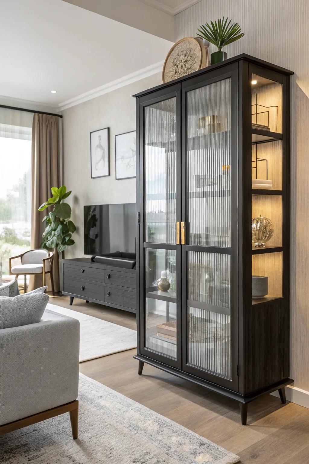 Reeded glass film transforms a simple cabinet into a designer piece.