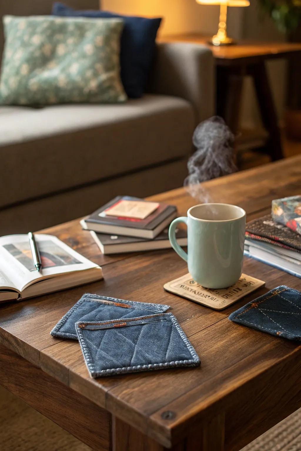 Protect your surfaces with fashionable denim coasters.