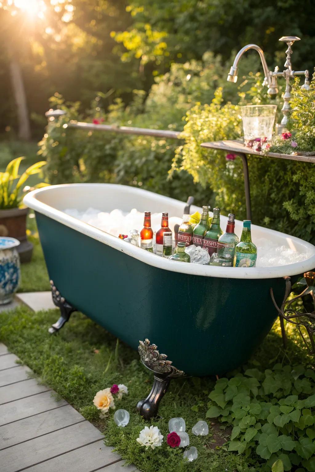 Turn your old bathtub into a charming beverage cooler for the perfect garden party centerpiece!