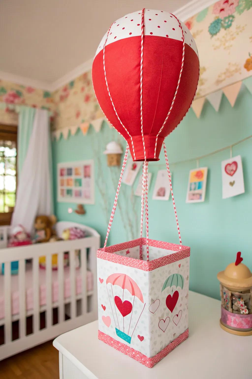 An adorable hot air balloon Valentine box ready for love notes.