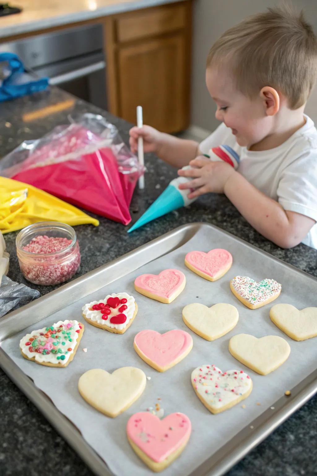 Baking heart-shaped cookies is a sweet Valentine’s Day activity.