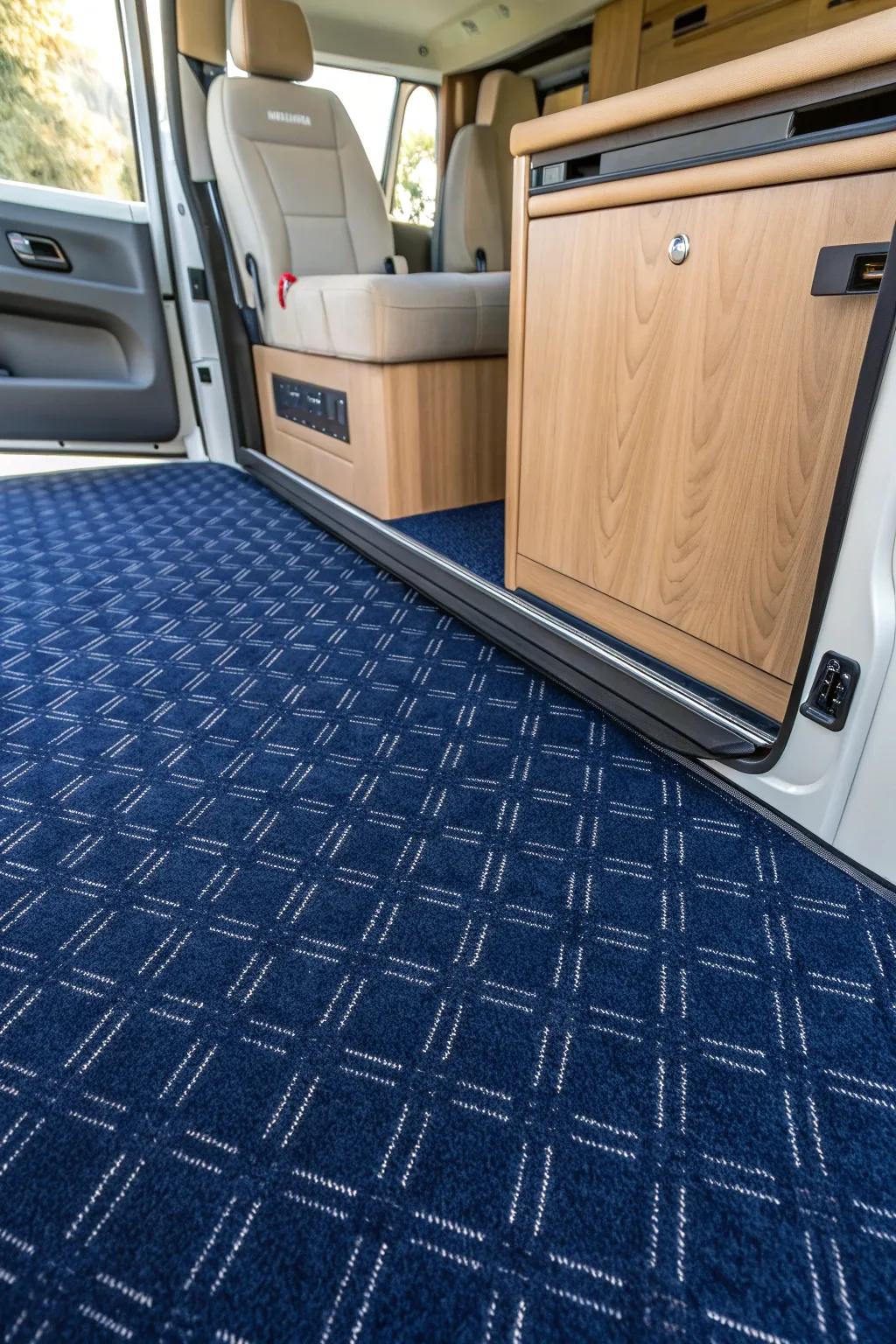Transform your van into a cozy haven with plush carpet tiles—where craftsmanship meets comfort.