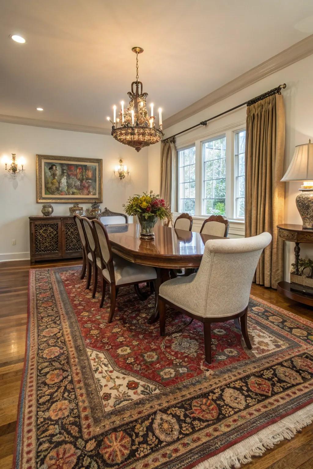 A vintage Persian rug adds warmth and texture underfoot in this dining setting.