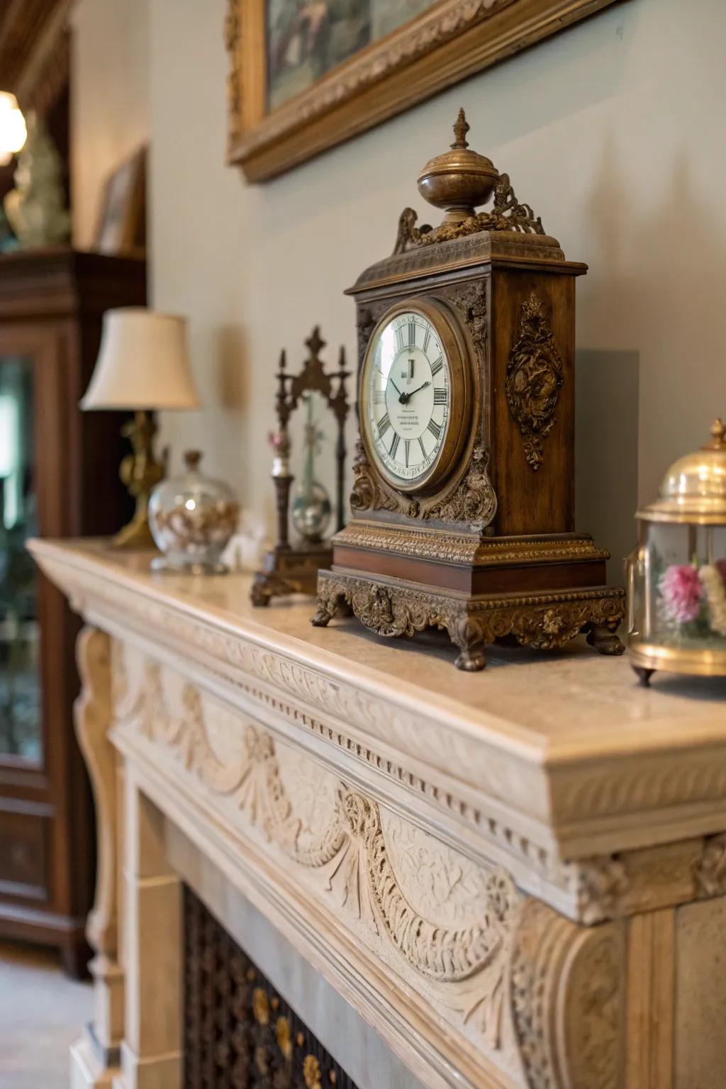 An antique clock adds timeless charm to this vintage mantel setup.