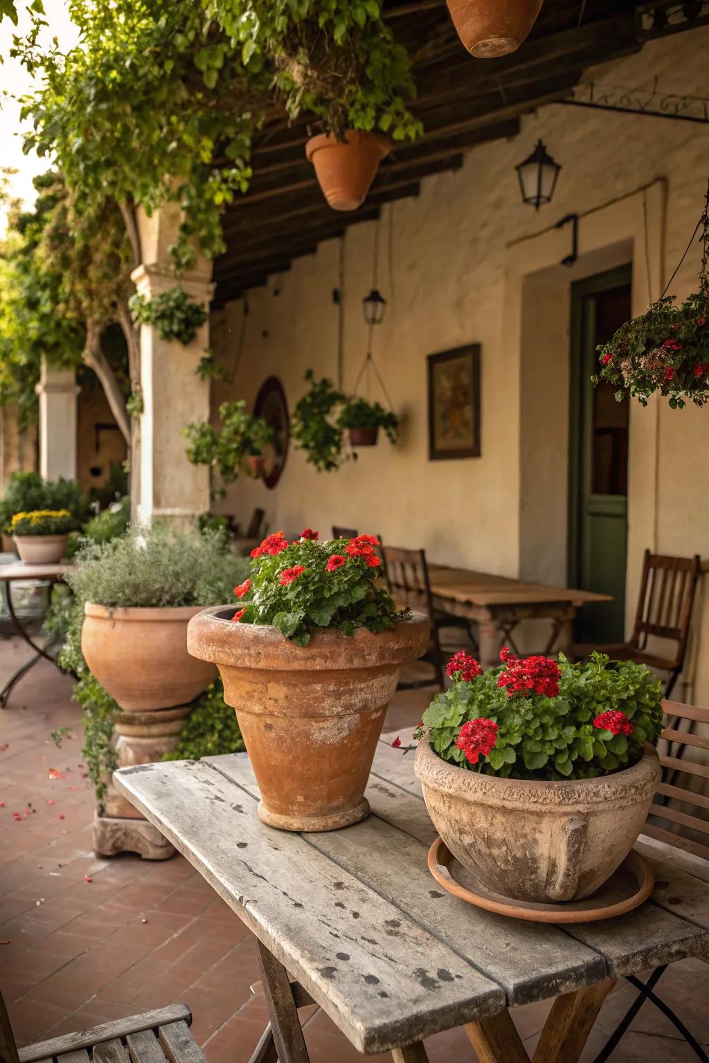 Terra cotta pots filled with vibrant plants on a vintage-style patio.