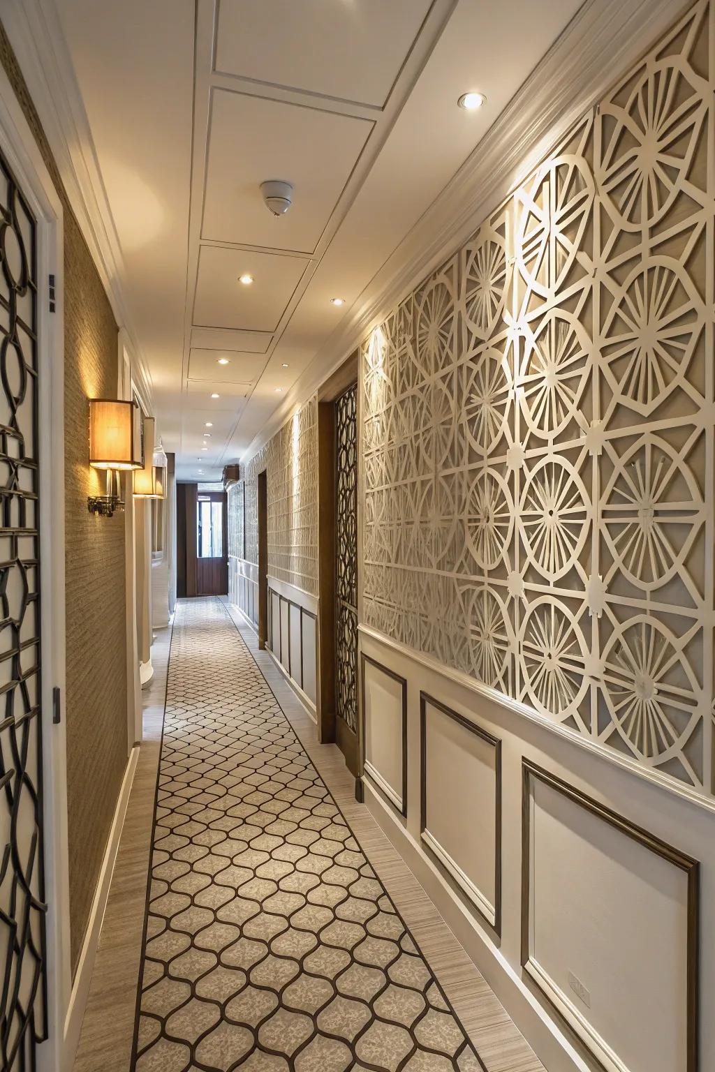 Geometric wainscoting patterns offer a fresh, modern twist.