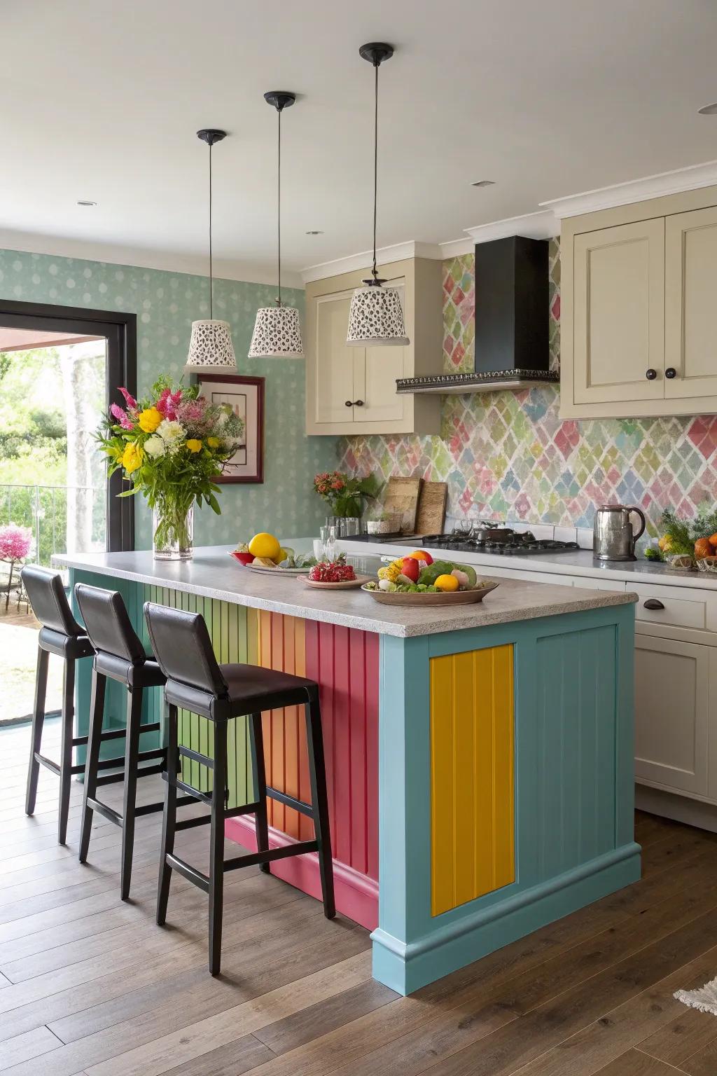 Bold-colored wainscoting makes this kitchen island a focal point.