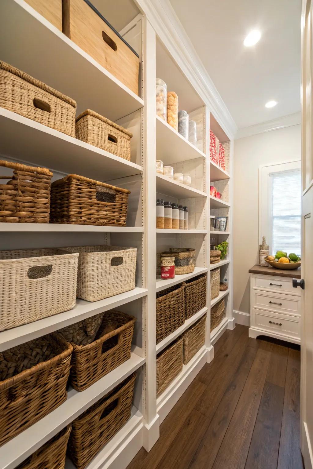 Stylish baskets in a walk-in pantry adding both function and flair.