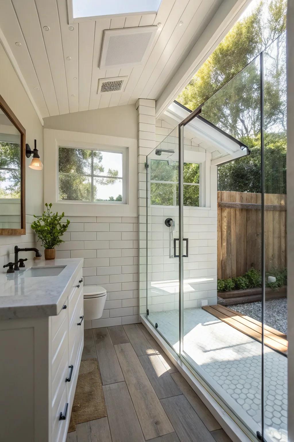 Glass partitions in walk-in showers create a sense of openness in small bathrooms.