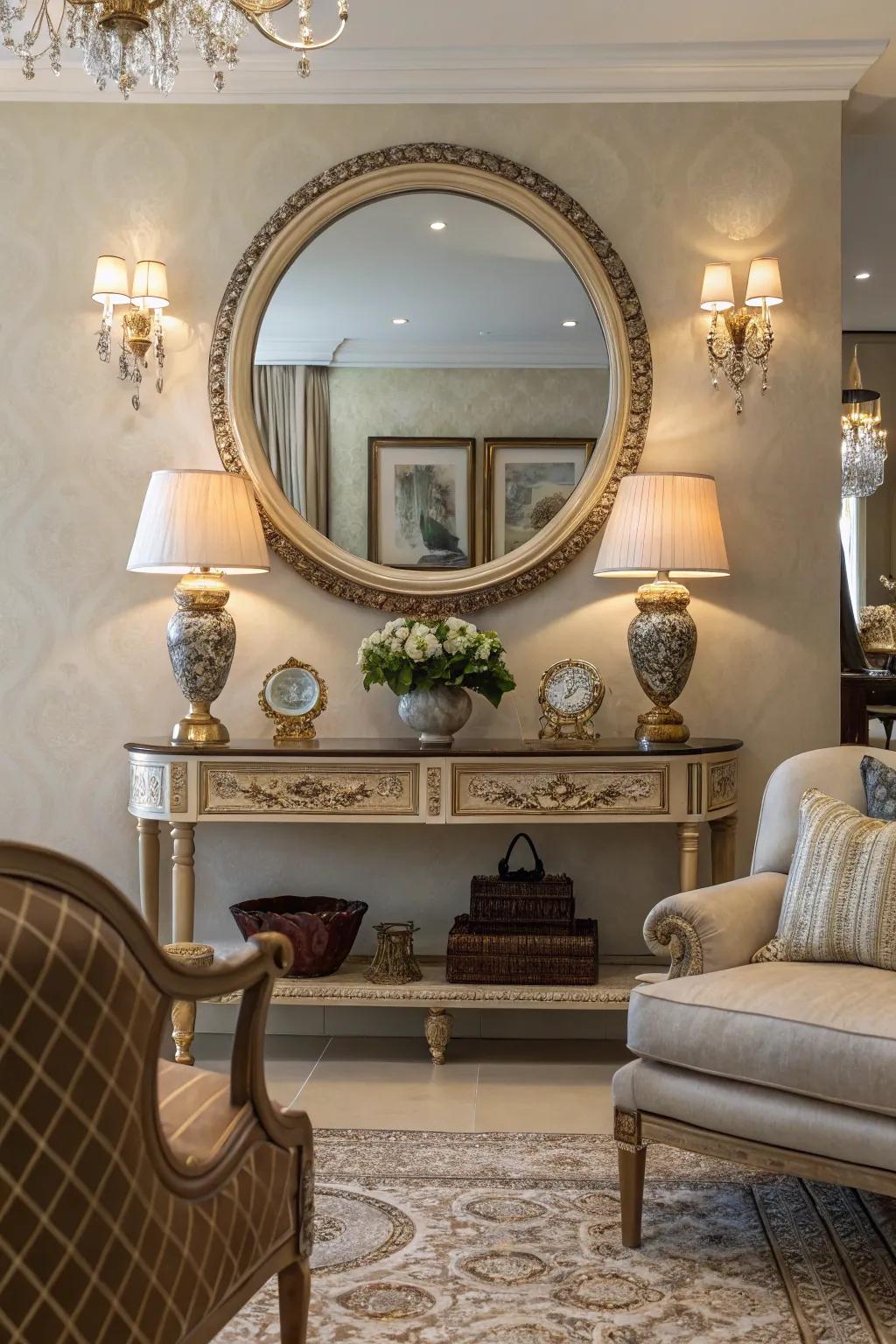 A round mirror above a console table brightens this elegant living room.