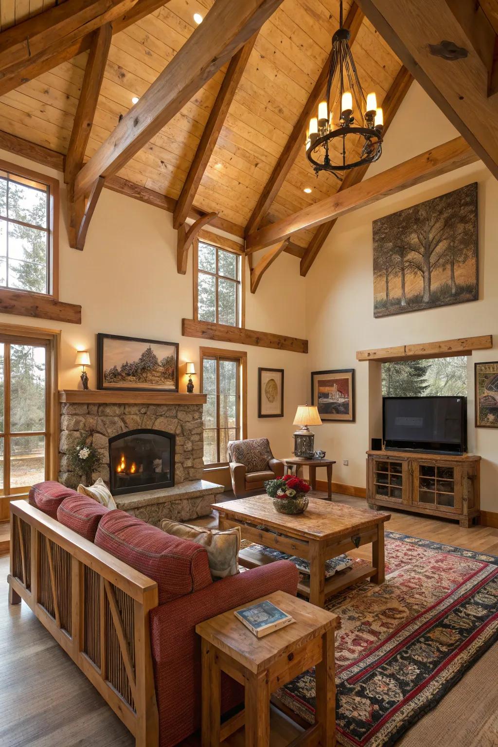 Wooden beams add warmth and architectural interest to high ceilings.