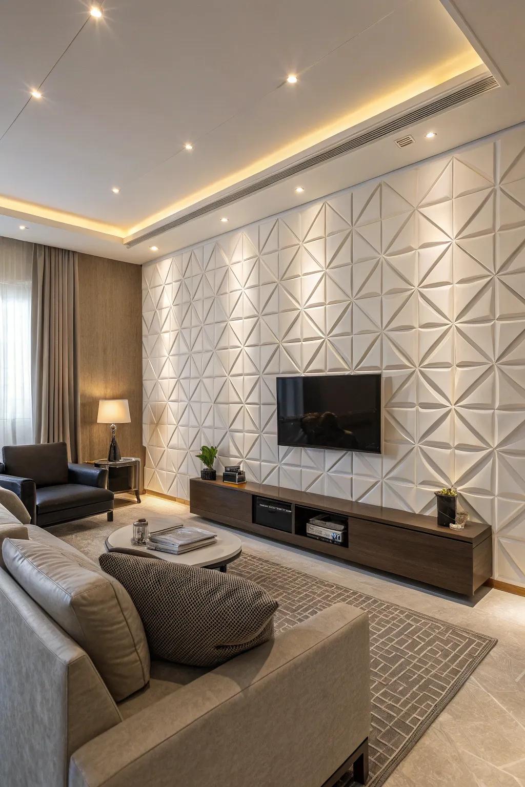 Living room showcasing geometric diamond-patterned wall paneling.