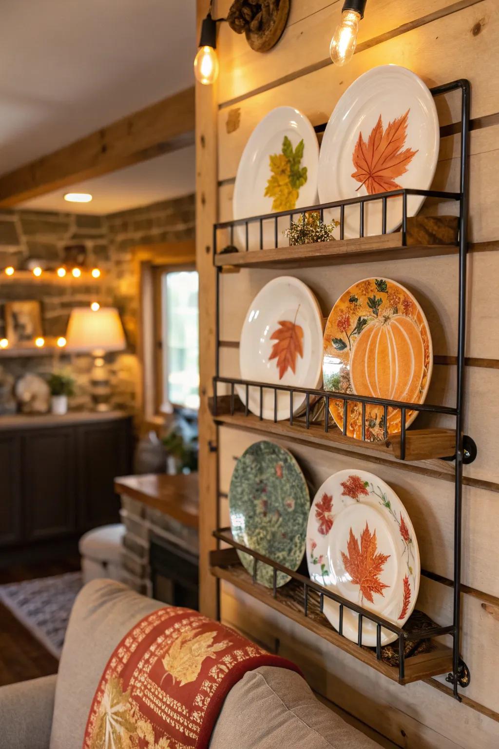 A seasonal plate rack featuring autumn-themed decorative plates.