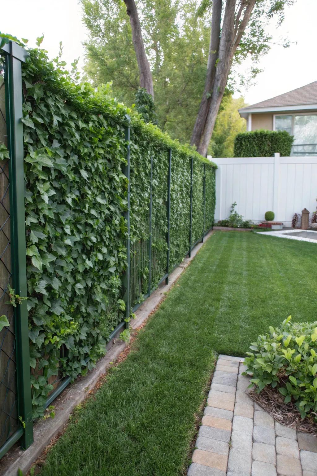 Artificial ivy screen providing privacy and greenery.