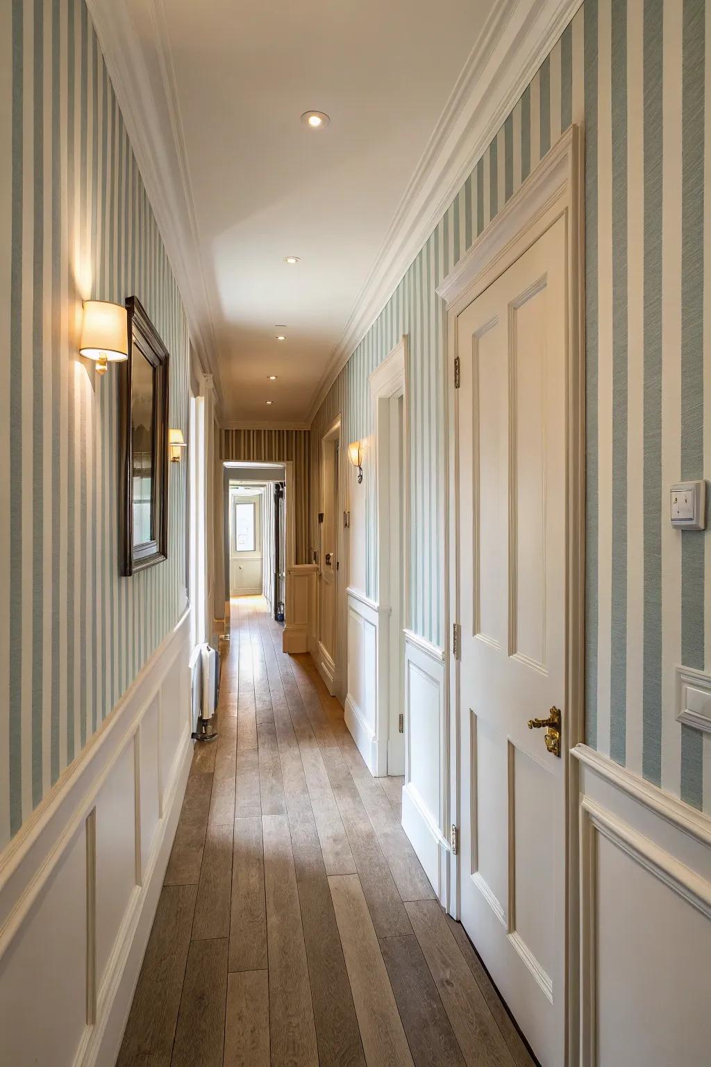 A classic hallway with striped wallpaper and neutral paint.