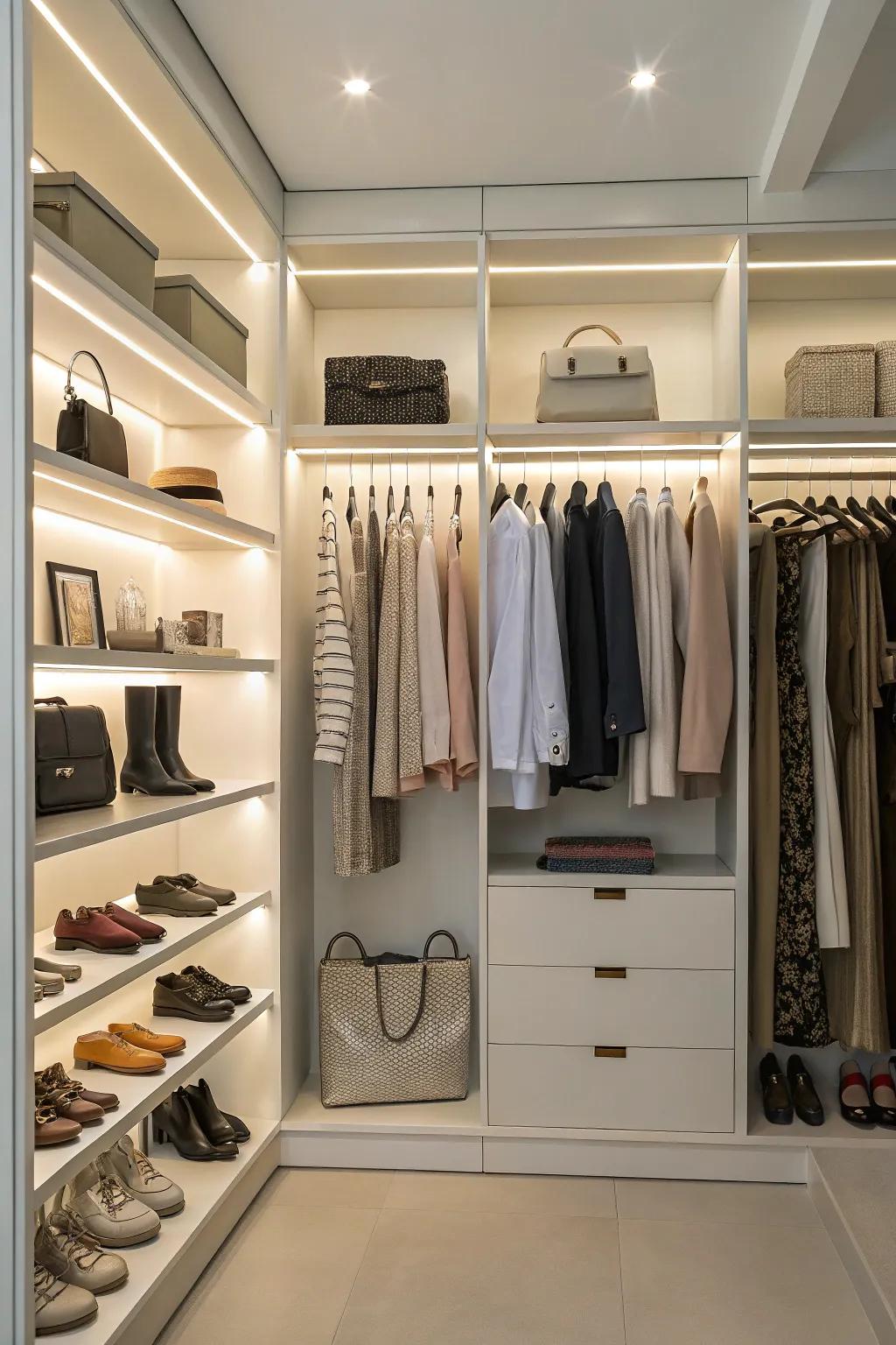 Open shelving creates a boutique-like display for your wardrobe.