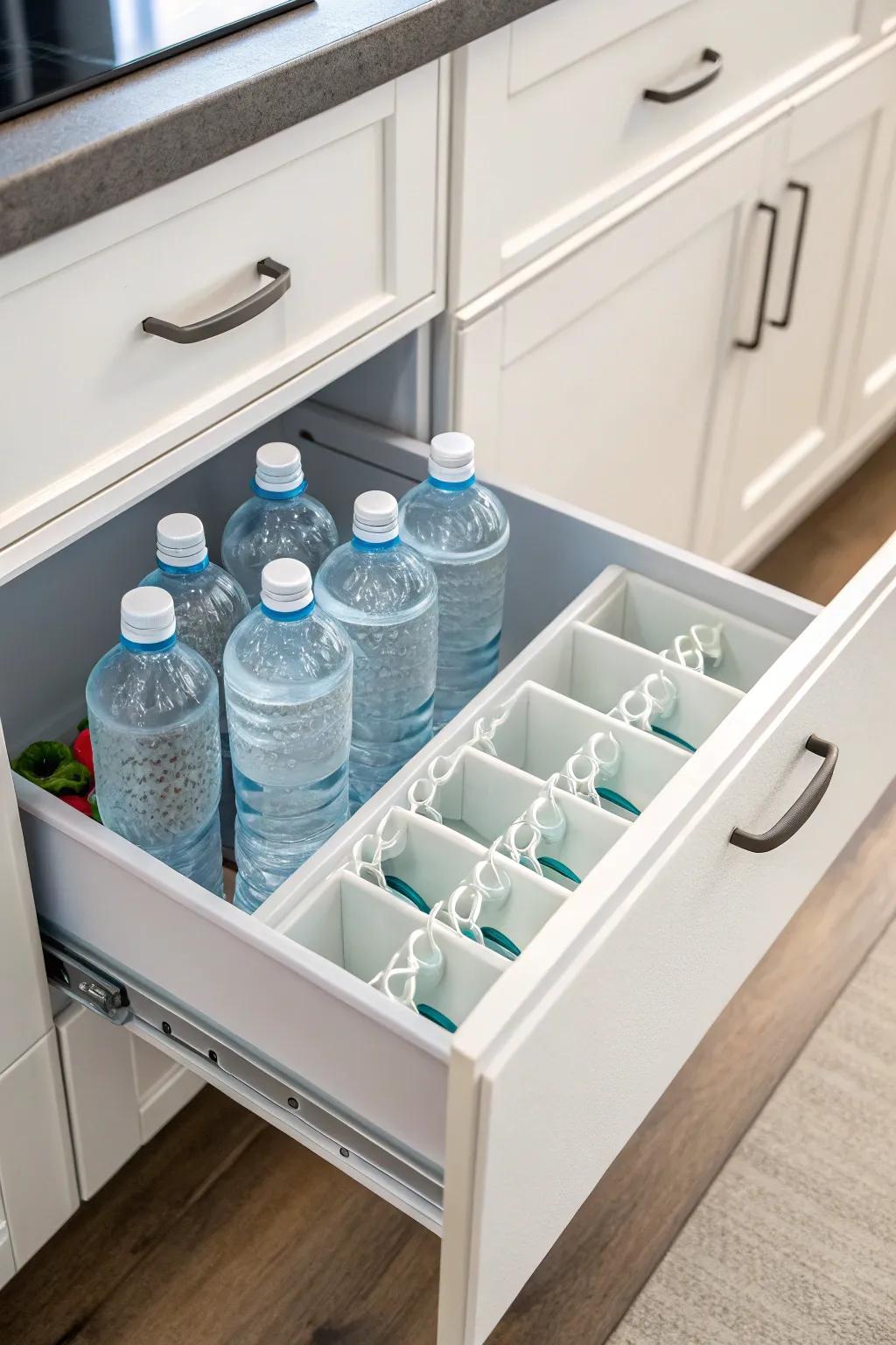 Neatly stored water bottles using a drawer organizer