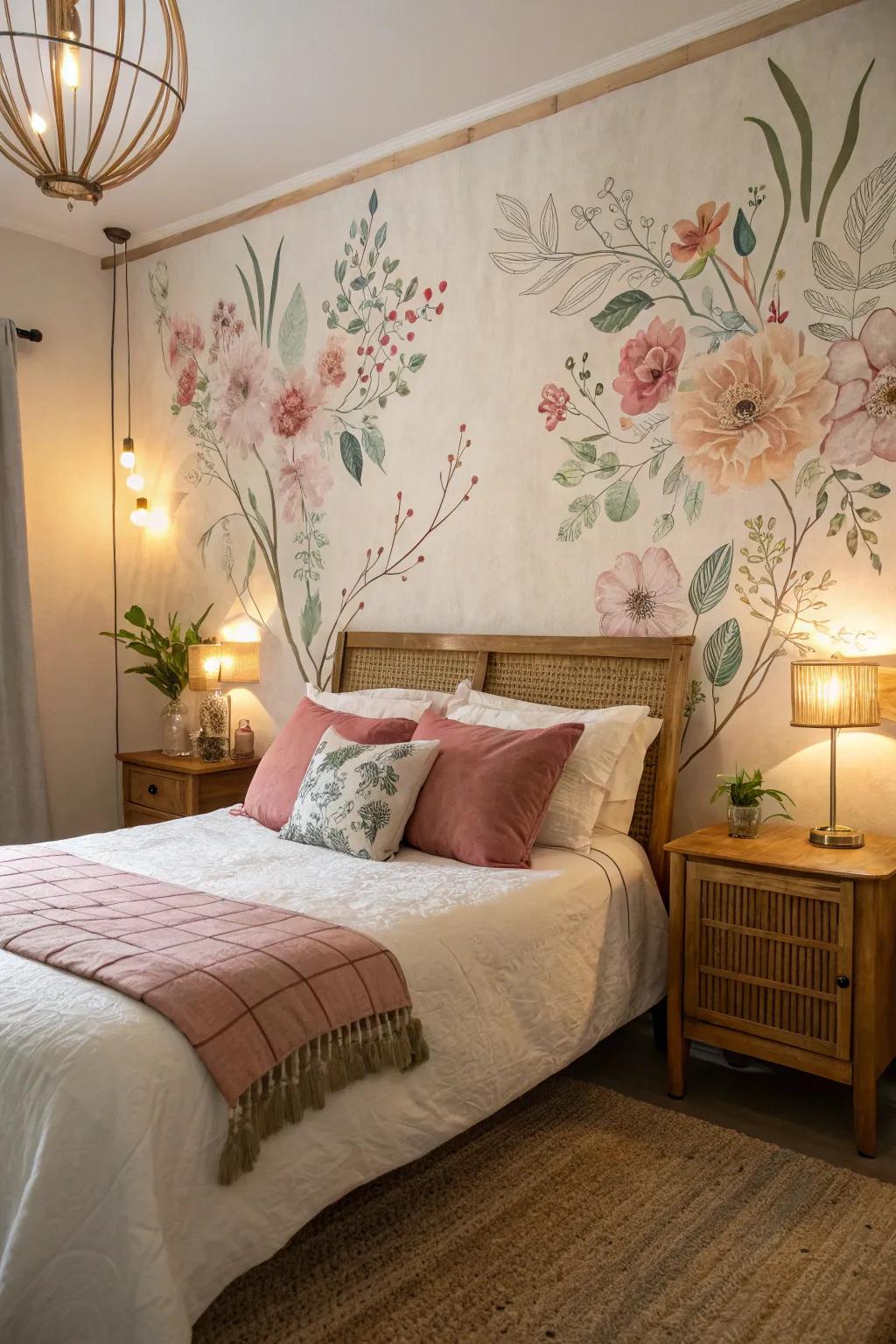 Floral stencil watercolor background creates a cozy ambiance in a bedroom.