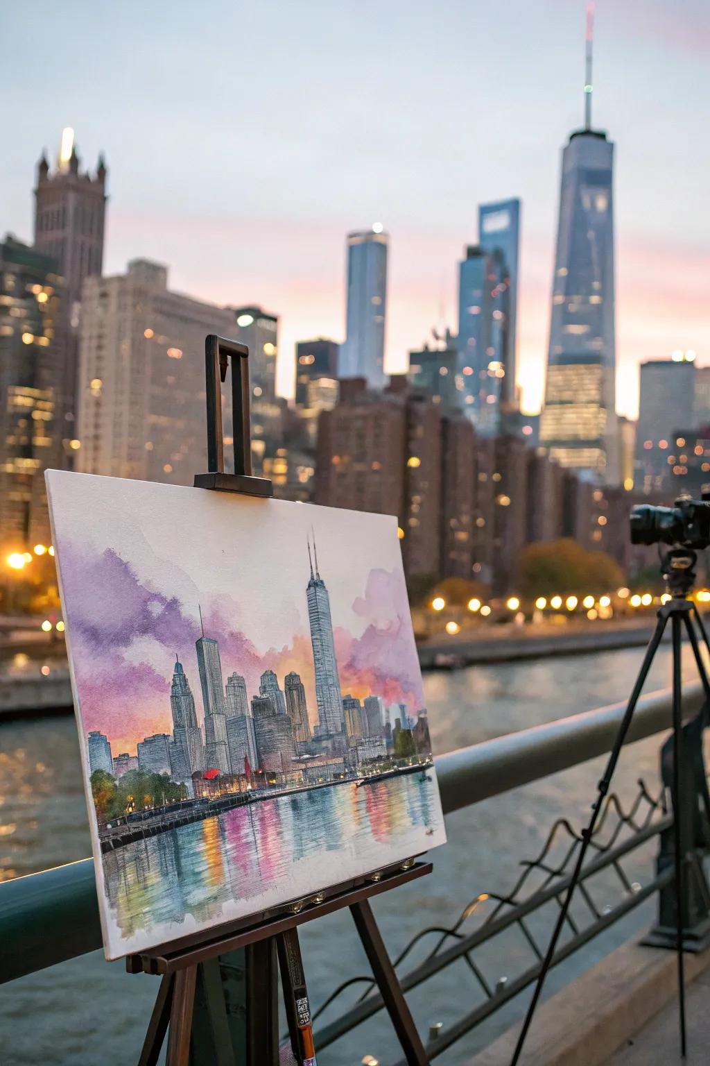 An urban skyline captured in watercolor on canvas.