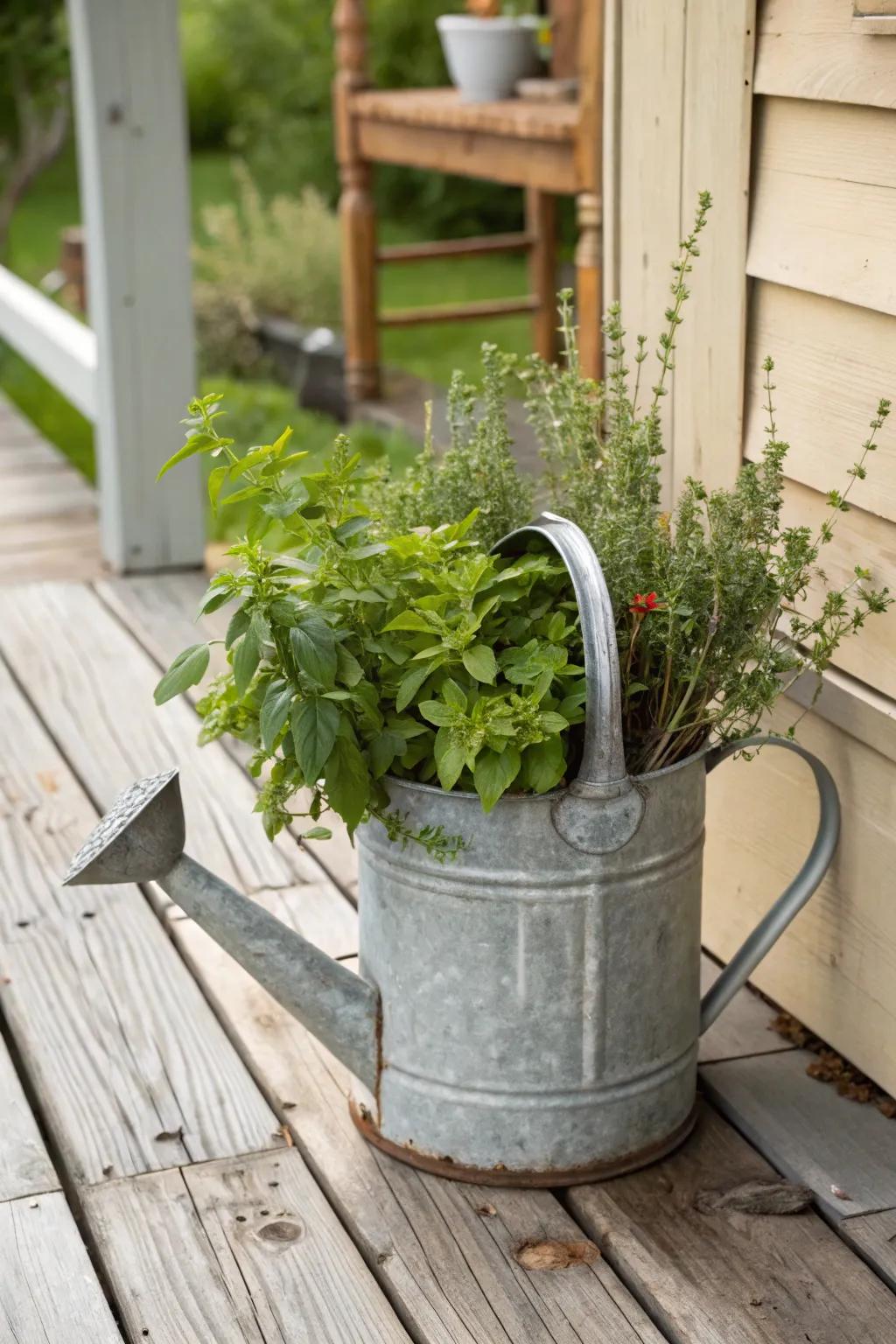 Functional and decorative: a rustic herb garden in a watering can.