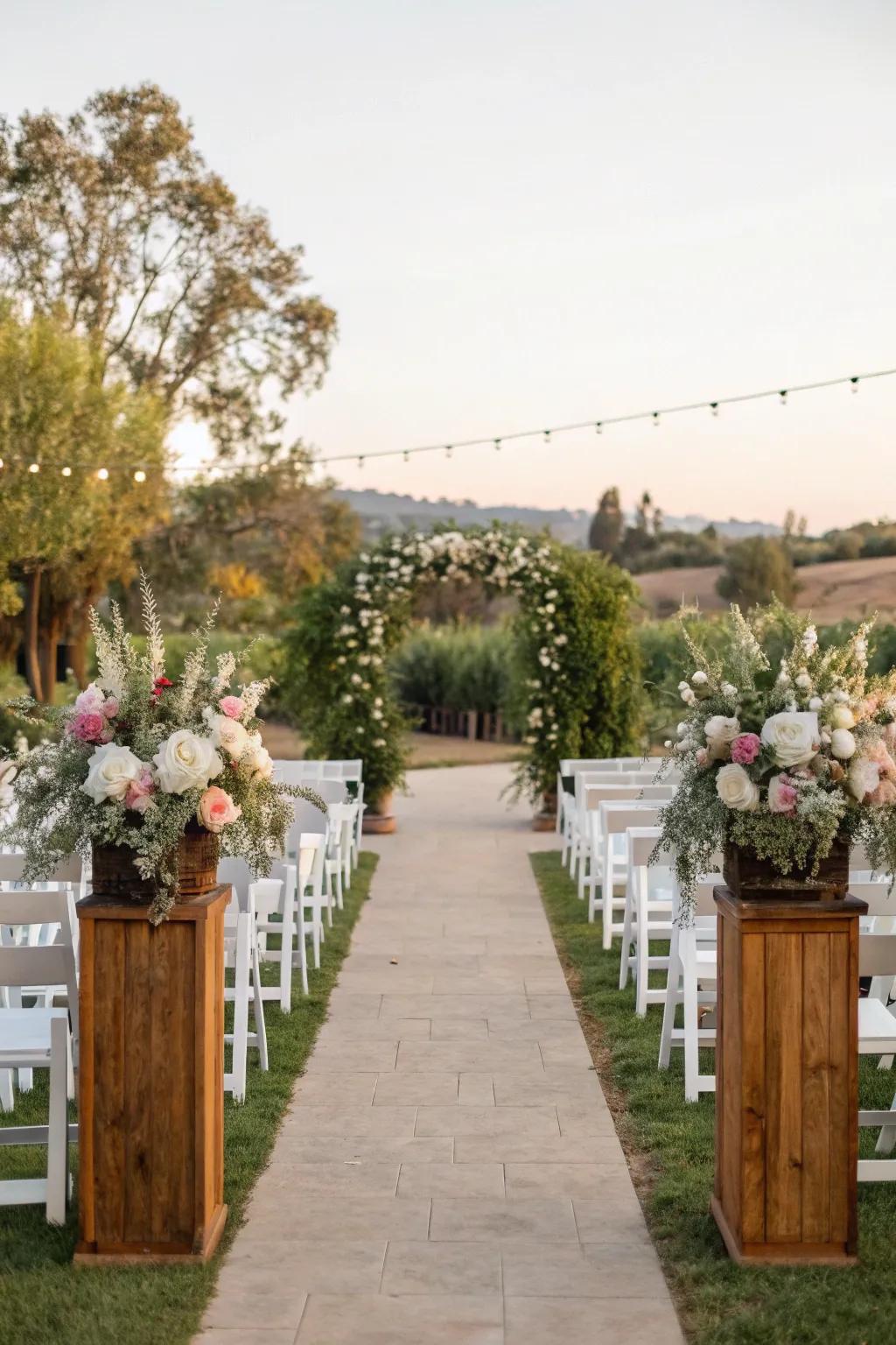 Rustic wooden pedestals enhance a wedding aisle.