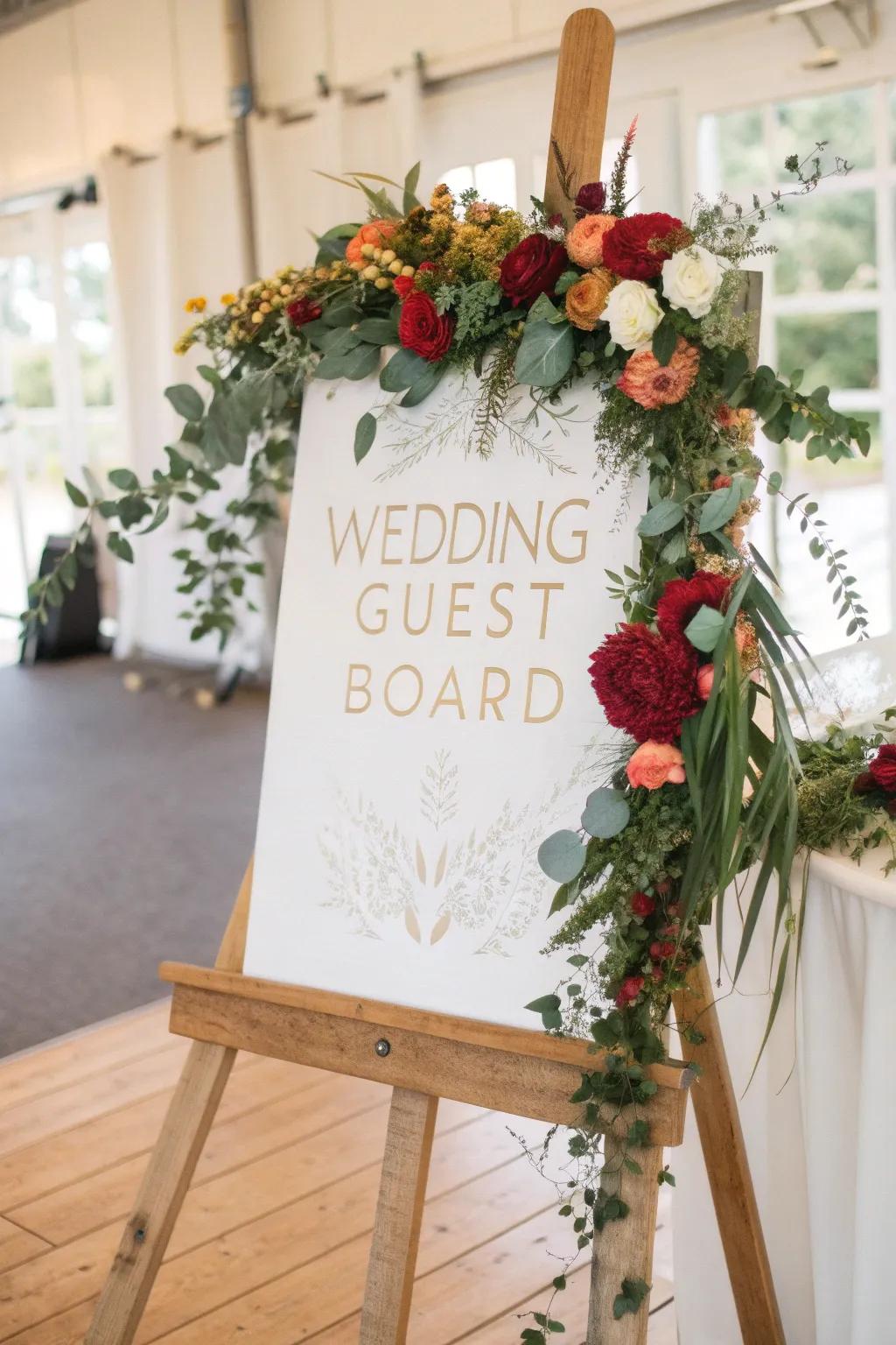Embrace nature's elegance with a floral fantasia wedding guest board.