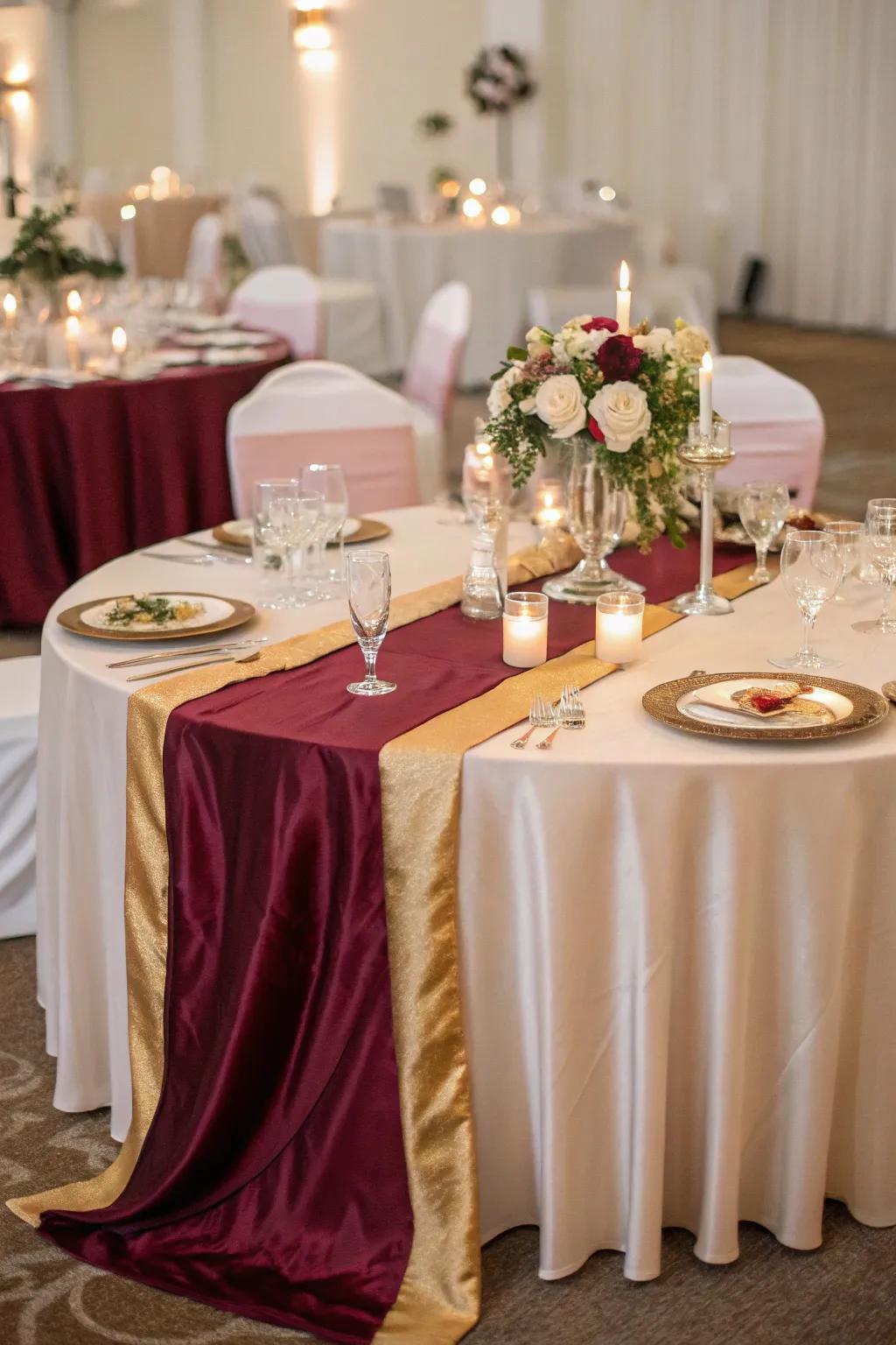 Silk runners elevate the elegance of any wedding table setting.