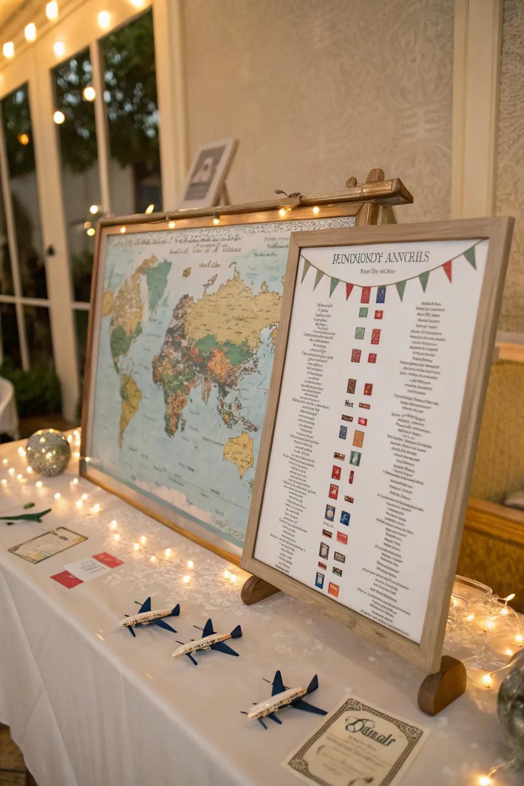 A world map creatively used as a seating chart, perfect for a travel-themed wedding celebration.