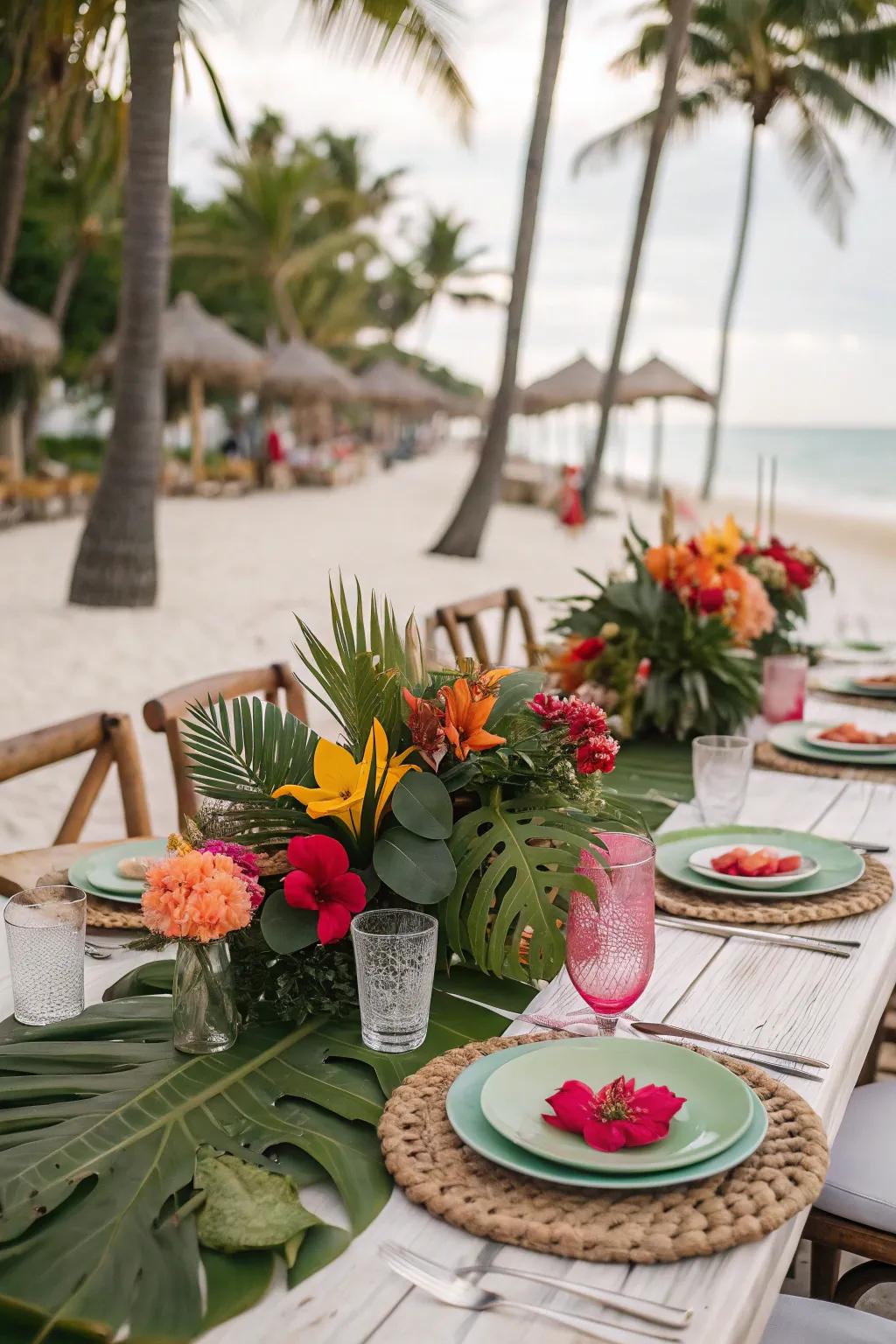 A tropical wedding table setting bursting with color and lush greenery.