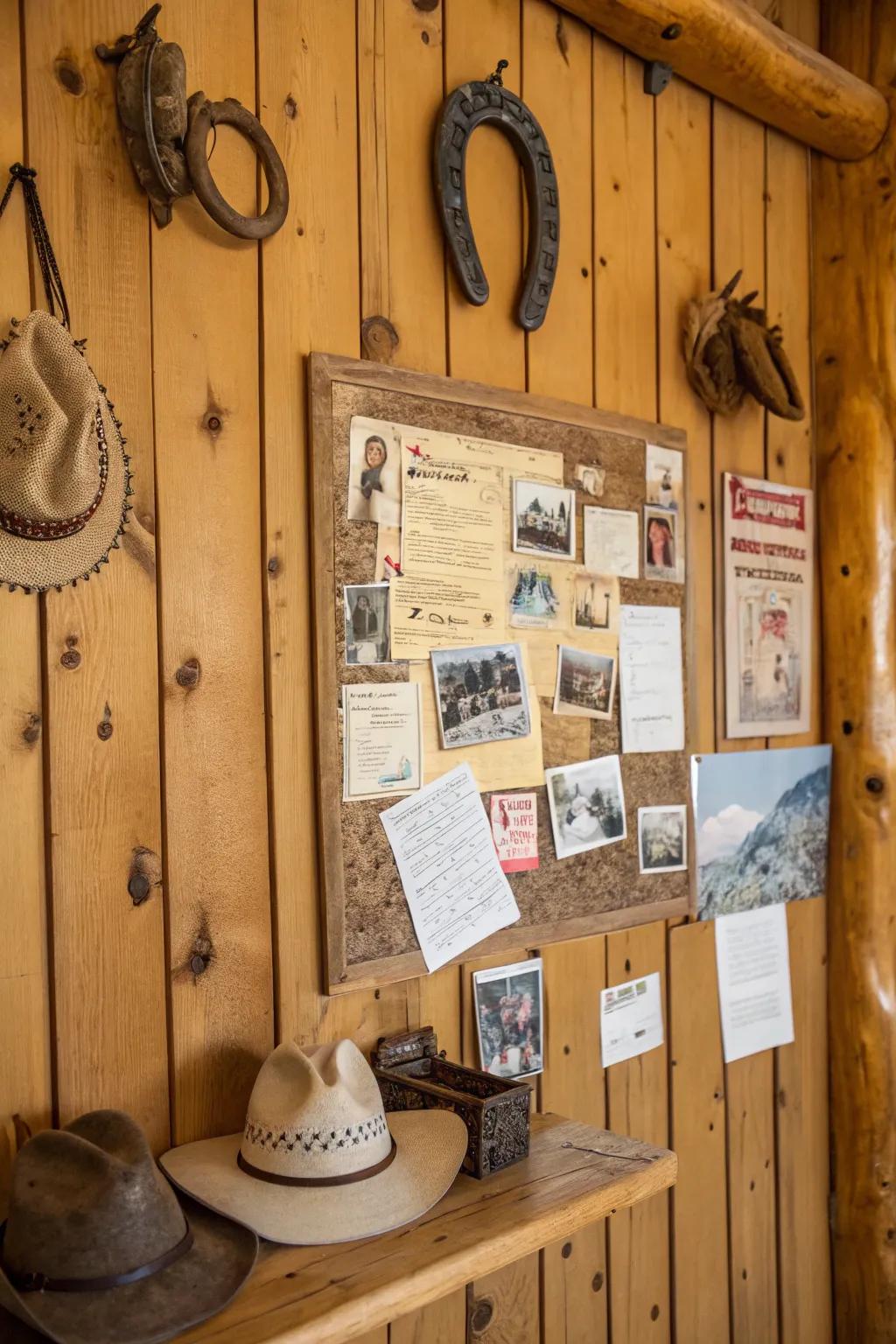 Rustic wood background sets a warm tone for the bulletin board.